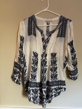 Pale Sky Boho Embroidered Peasant Top Blue White 3/4 Sleeve Blouse Size M